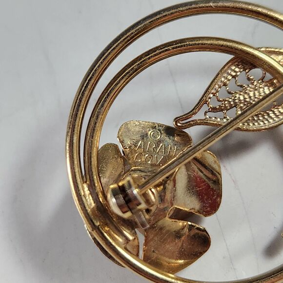 Spiral Circle Pin Brooch Bronze Gold Tone w Mesh Rose Flower VTG Costume Jewelry - Picture 5 of 10